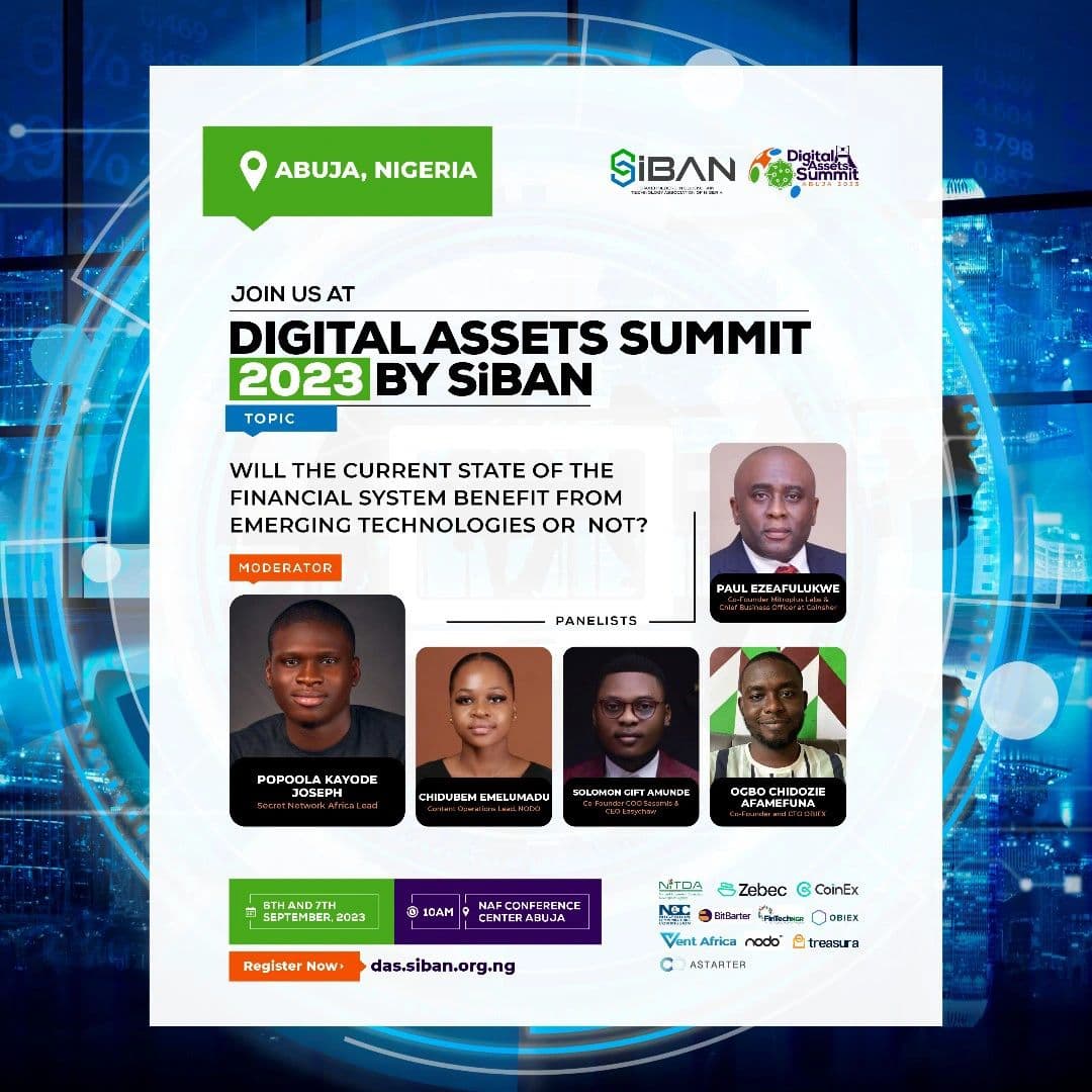 SiBAN Digital Assets Summit 2023 panel graphic naming Kayode Popoola as moderator.